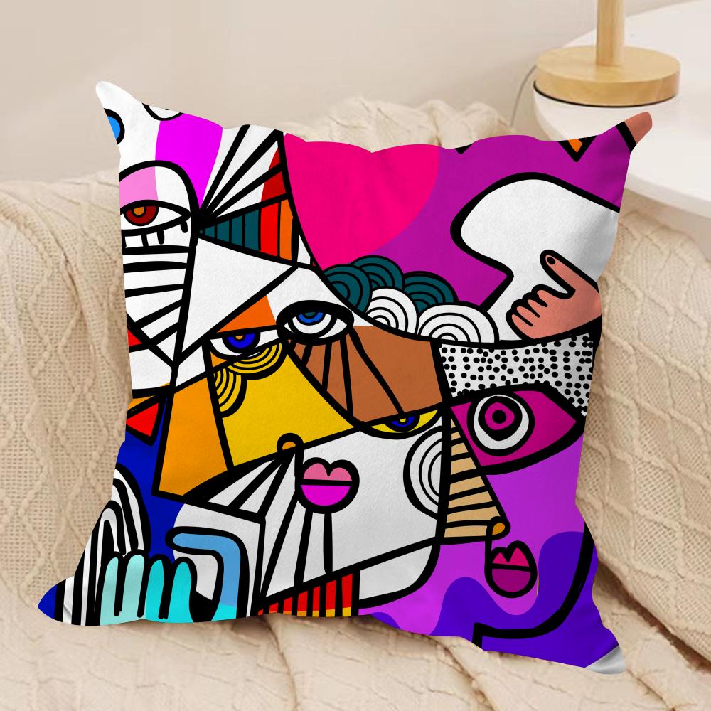 Colorful Abstract Faces Cushion Cover Silky Short Plush Sofa Pillow Cover Hidden Zipper Soft Dustproof Case for Home Decor