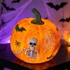 Illuminated Plastic Pumpkin Ornament with Skeleton Web Detail for Halloween Party Decoration, and Table Shelf and Entryway