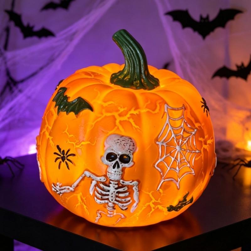 Illuminated Plastic Pumpkin Ornament with Skeleton Web Detail for Halloween Party Decoration, and Table Shelf and Entryway