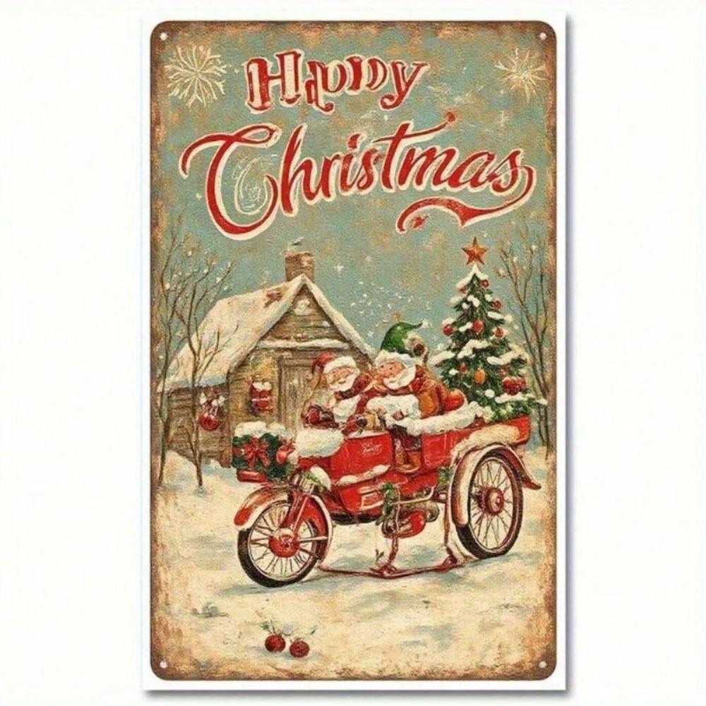 2D Flat Vintage Santa Claus Metal Tin Sign Wall Decor 12x8 Inch, Pre-Drilled Holes For Easy Hanging, Holiday Art For Living Room Bar Home