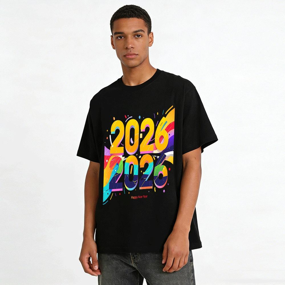 2026 Happy New Year Trendy Print Casual Loose Top For Men Women Pure cotton T-shirt