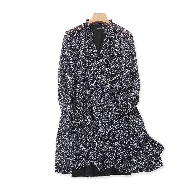 

Outer Order V-neck Floral Chiffon Dress Women s Summer New Arrival Wooden Ear Slim Looking Mid Length Long Length Skirt J/3 Bottom Black XS
