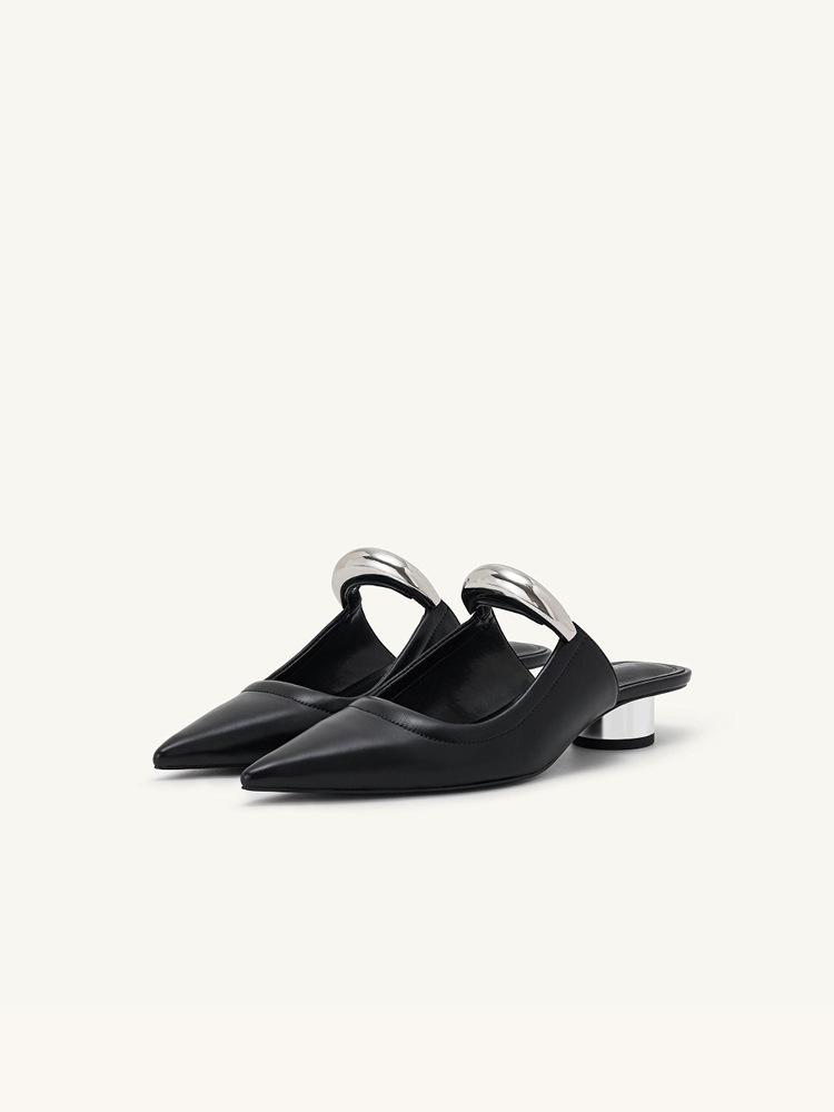 Fashion Spring/Summer Simple Pointy Muller Slippers Women's French Chunky Mid-heels Half Slippers Metal Topper Flip-flops