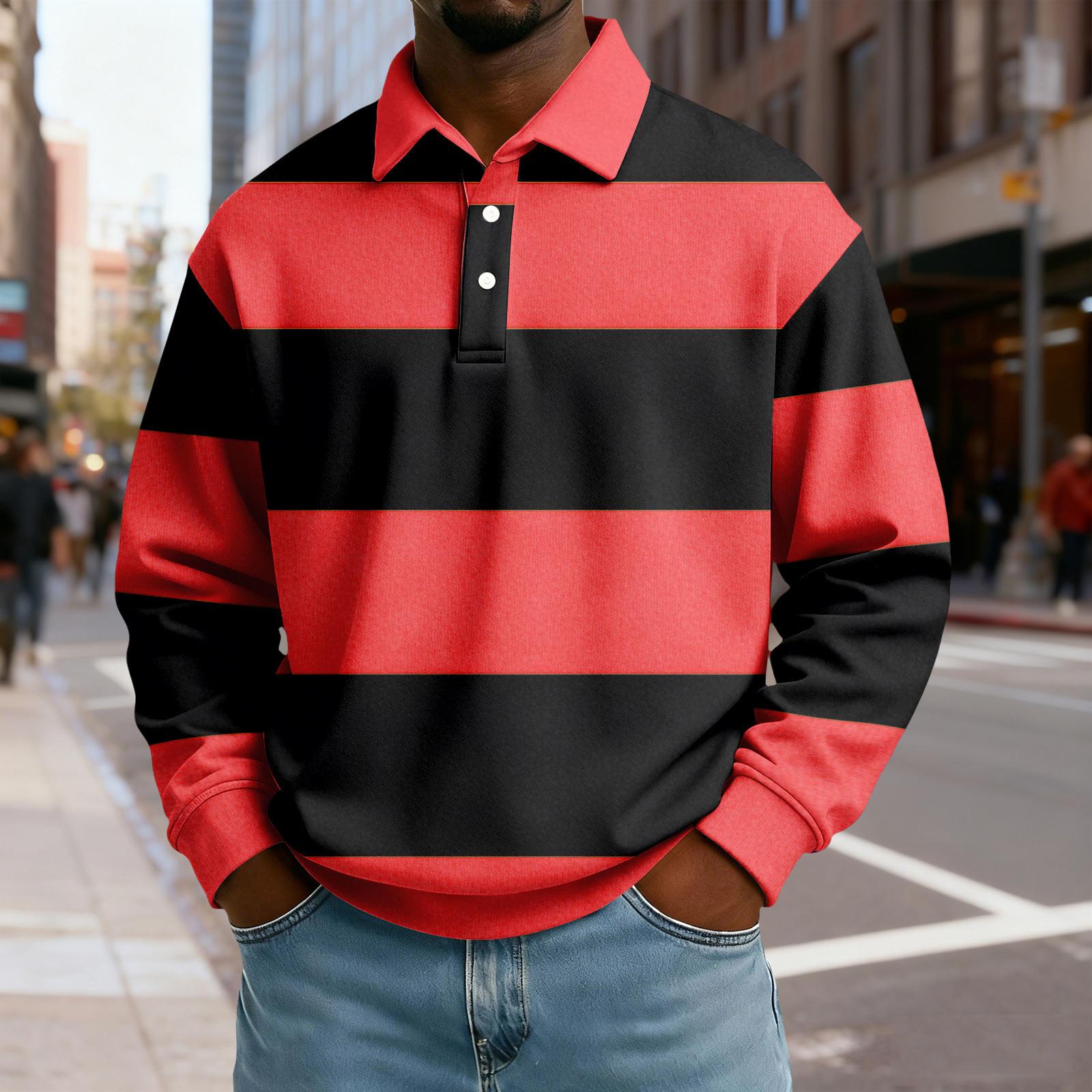 

Чоловічий повсякденний вільний топ з колорблочним принтом, лацканами на ґудзиках та довгими рукавами M червоний