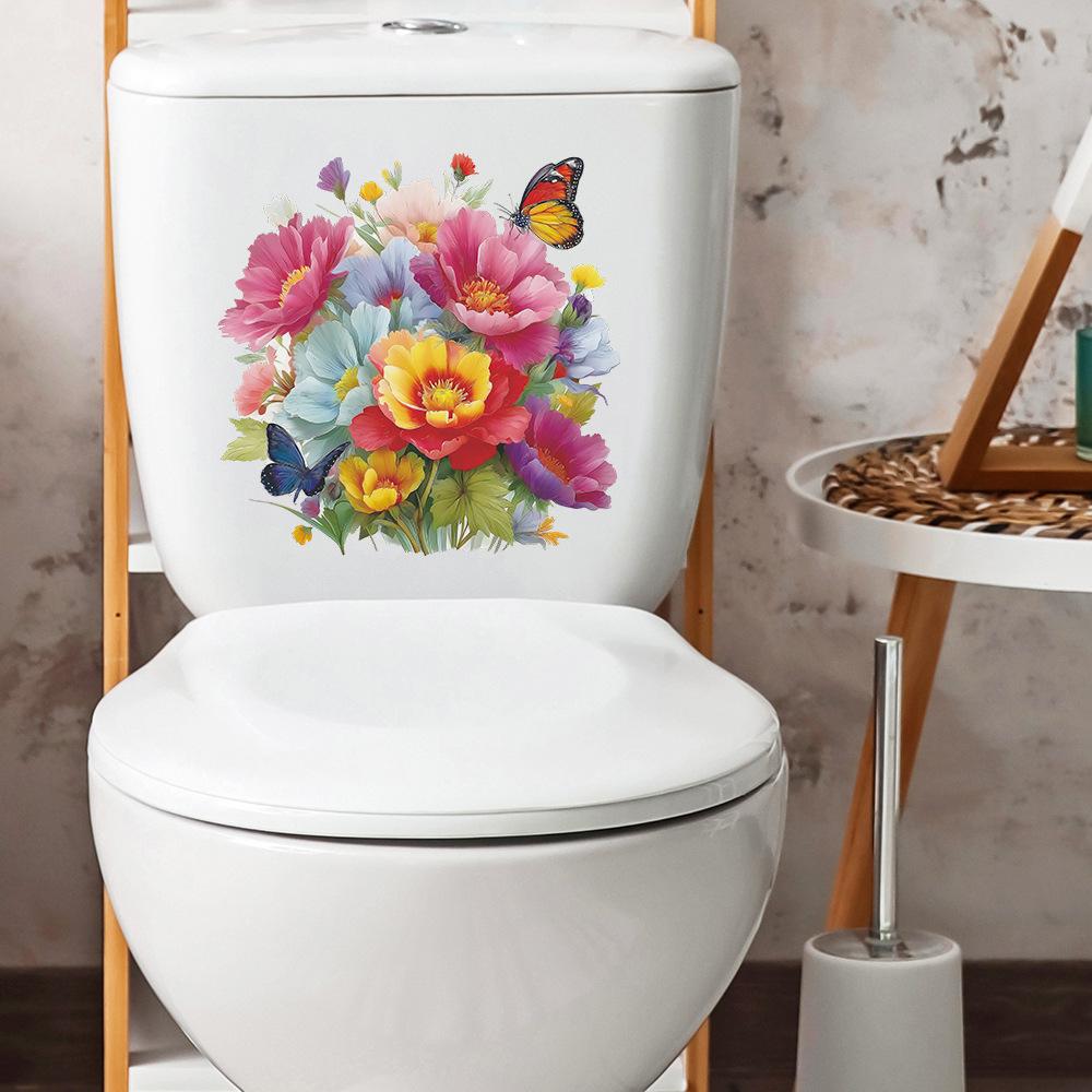 Painted Blooming Flowers and Butterflies On The Wall Decoration Stickers of The Bathroom Toilet