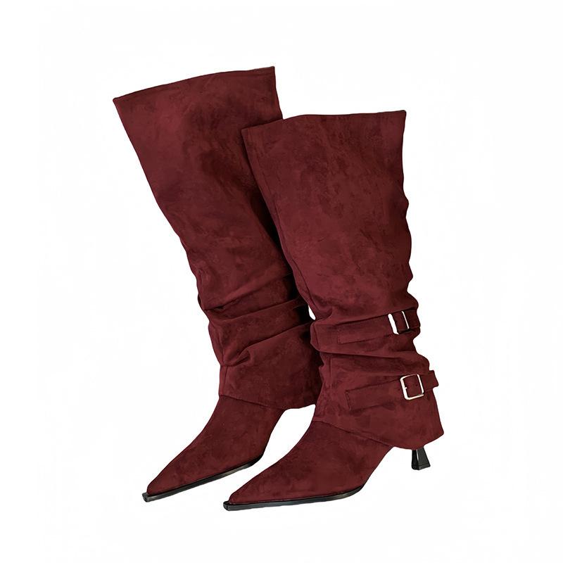 Mi Ting 2025 new two-wear pointed-toed thin-heeled high boots women's suede folds piled up boots but knee belt buckle