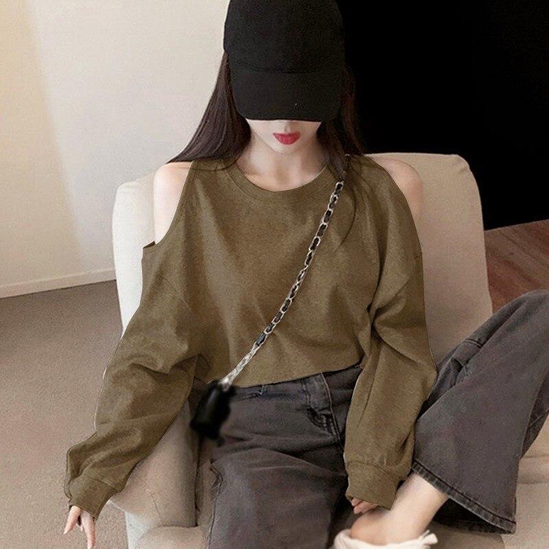 Vintage Off Shoulder Tshirts For Woman Long-Sleeved T-Shirt Women's 2020 Korean Round Neck Loose Solid Color All-Match