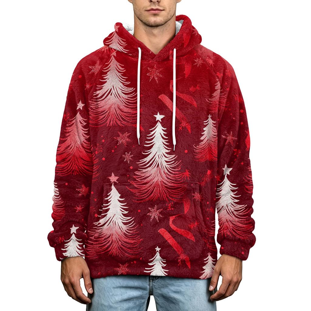 Men's Christmas Print Flannel Hoodie Hooded Casual Pullover Sweatshirt for Fall Winter