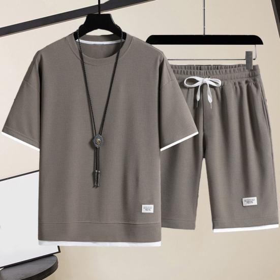 2 Pcs/Set Men Summer Tracksuit Set Casual Loose Solid Color Short Sleeves Elastic Waist Sports Drawstring Workout T-shirt Shorts Set Male Clothes