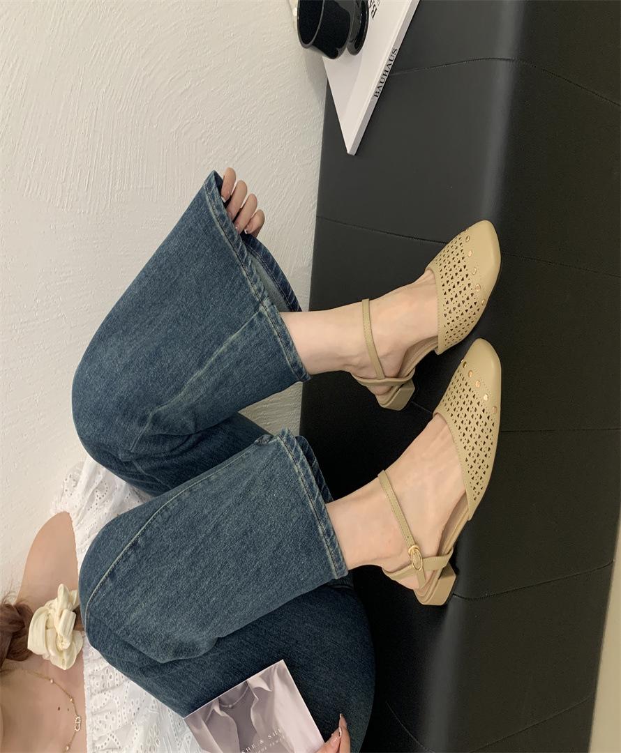 

French leather bag head sandals women s summer 2025 new hollow breathable cool single shoes thick heel with skirt high heels 39 хаки