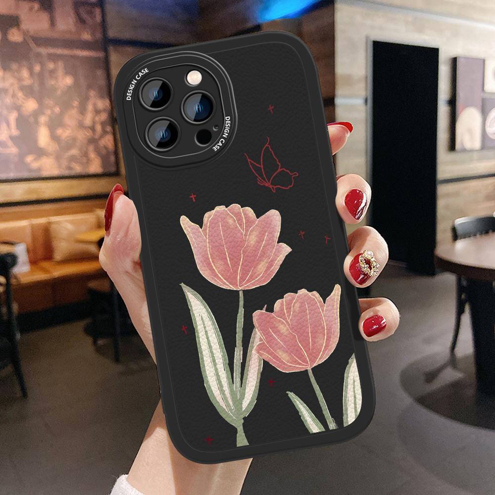 

Тонкий чехол для телефона с рисунком цветов тюльпанов из мягкого силикона и искусственной кожи для Samsung Xiaomi Poco Redmi Xiaomi 13T Pro чёрный