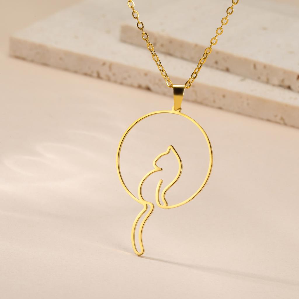 Cat Moon Necklace for Women Round Pendant Hollow Charm Stainless Steel Jewelry on the Neck Cute Gift Accessories 2026 Trend New