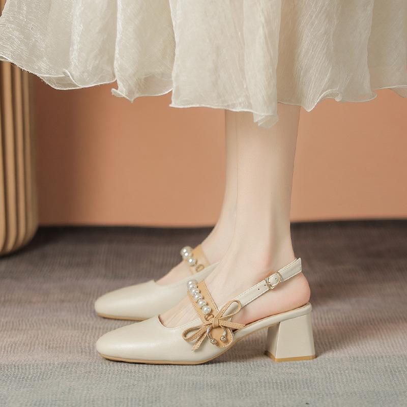 

Модные женские босоножки с квадратным носком и бантом, на толстом высоком каблуке, летняя обувь для вечеринок для женщин, элегантные женские туфли-лодочки с жемчугом, гладиаторские сандалии 4.5 бежевый