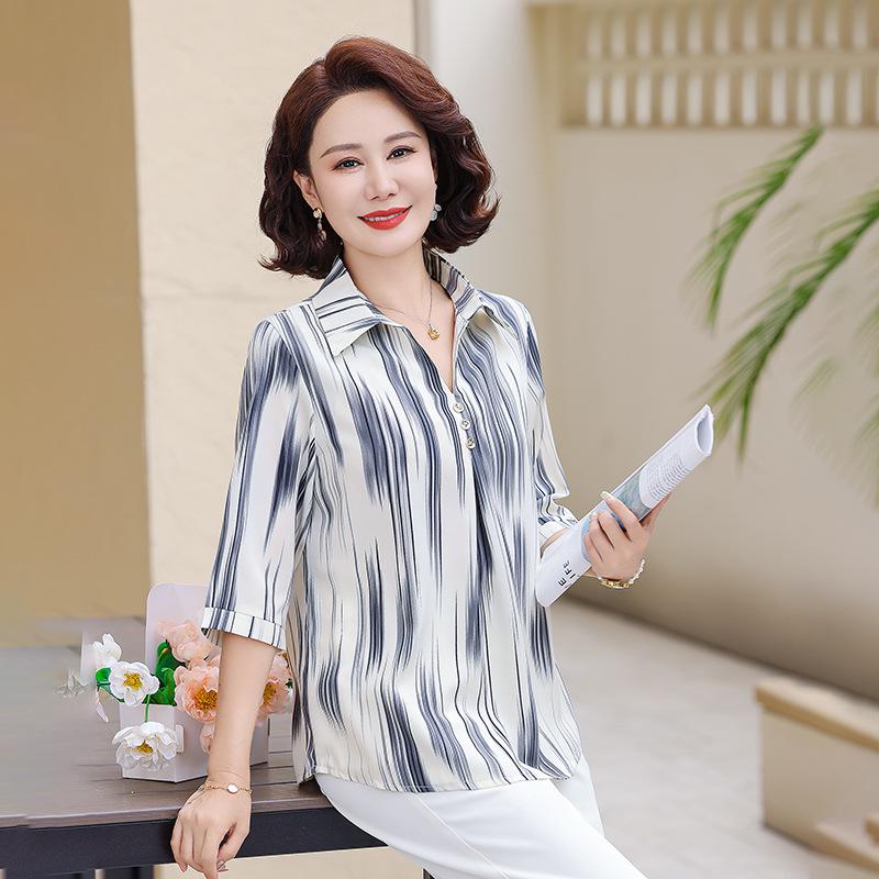 

2026 New Arrivals: Chiffon Blouse & Seven-Sleeve T-Shirt Set for Middle-Aged & Elderly Women 4XL (68-72 kg)