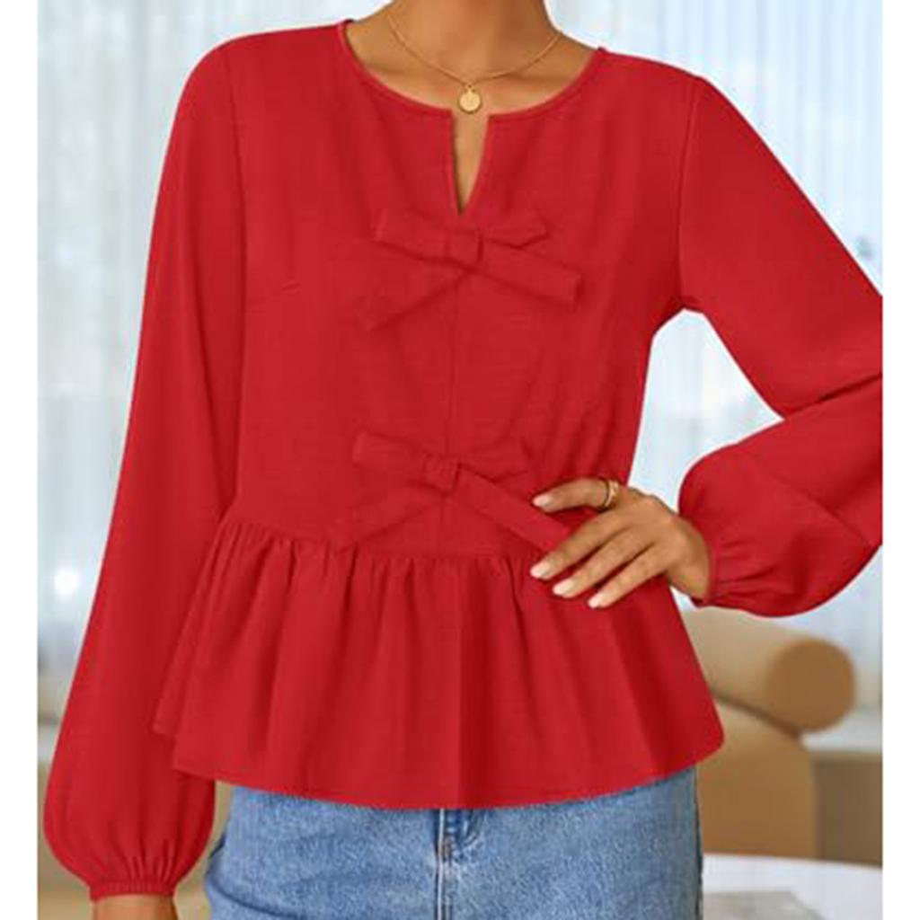Women's T-shirt Solid Color V-neck Long Sleeved Tied Bow Top