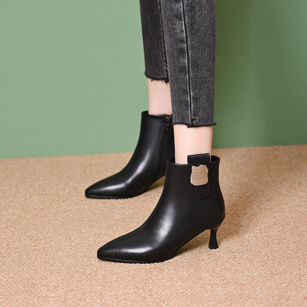 Pointed Toe Leather Warm Autumn Winter Female Short Shoes Elegant with Medium Heels Booties 2025 Hot Women's Ankle Boots