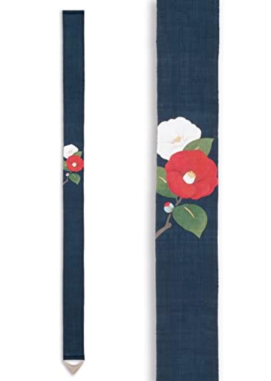 Tapestry White Japanese Linen Narrow Wall Hanging "Red Camellia, Camellia" - Style, Modern, Fabric, Tapestry,