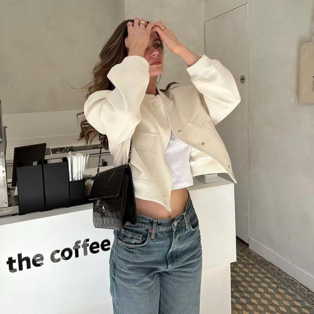 Women Autumn Black Pockets Bomber Jacket Coat Vintage Long Sleeve Front Button Female Outerwear Chic Tops