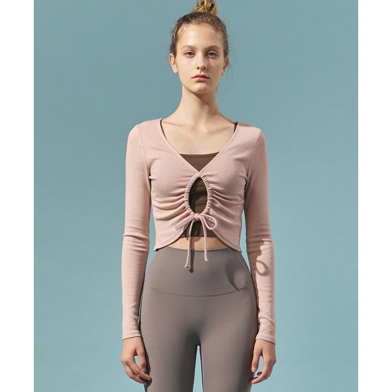 INS Outer Wear Long Sleeve Yoga Wear Bow Ballet Style Shoelace Blouse High Top Sports Workout Top Slim Elastic