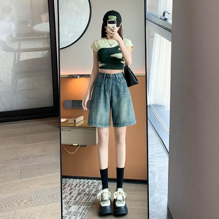 

Женские джинсовые шорты с высокой талией в стиле ретро - Летние, потертые, облегающие, свободного кроя, с широкими штанинами M: Height 155-165CM (95-108 lbs) темно-синий