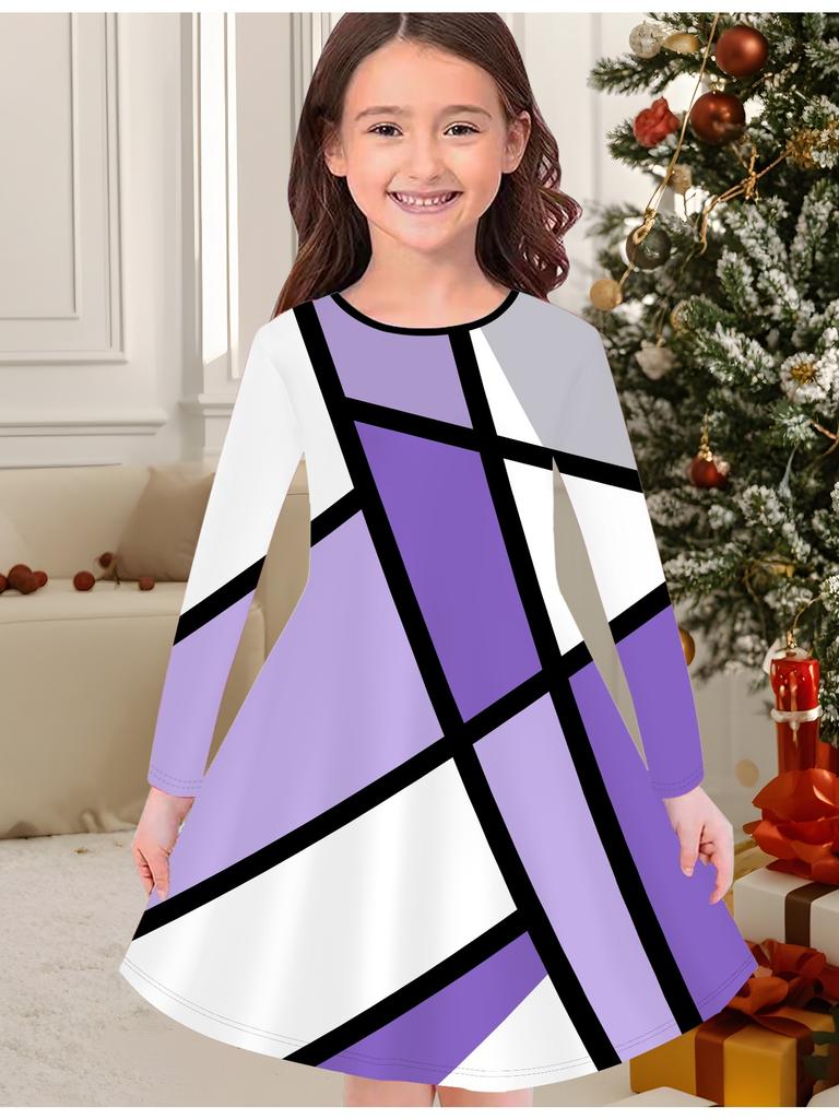 Mädchen Herbst- und Wintermode Kleid, 3D Geometrischer Musterdruck Rundhalsausschnitt Lang Kinder-T-Shirt Kleid, Lässig Vielseitig, Weihnachtskleidung
