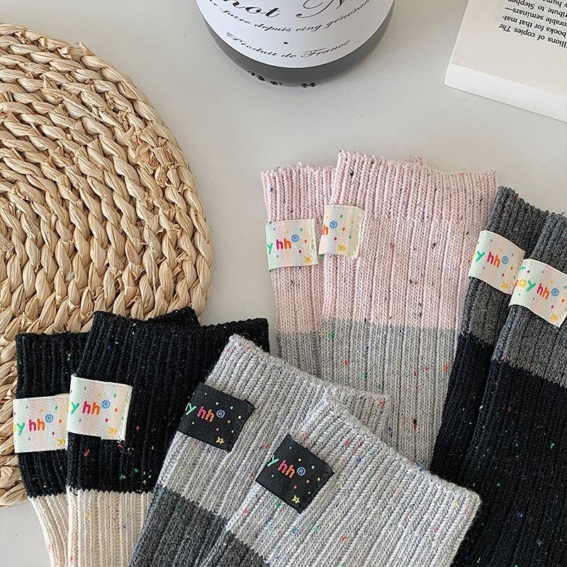 Socks Women'S New Trendy Socks Idea Thick Thread Splicing Cloth Label Cotton Socks Mid-Length Piles