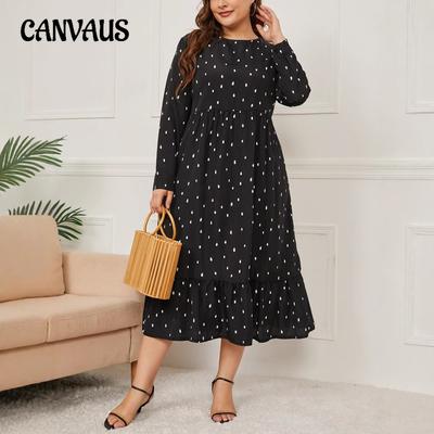 Vestido longo feminino muçulmano de bolinhas, manga comprida, solto, tamanho grande