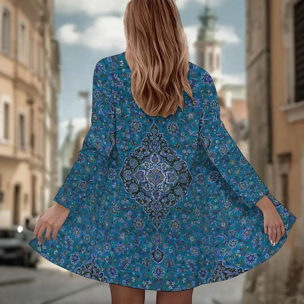 Women's Deep Teal Ornament 3D Print Long Sleeve Open Front Cardigan, Casual Loose Fit Lightweight Street Style Outerwear