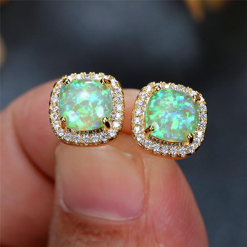 

Cute Female Green White Fire Opal Stud Earrings Vintage Yellow Gold Color Wedding For Women