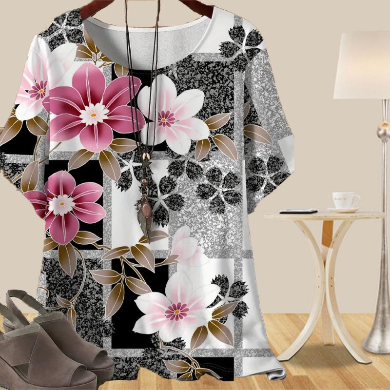 

Женская повседневная свободная весенняя рубашка, женские топы с коротким рукавом и винтажным узором с принтом роз 5XL розовый