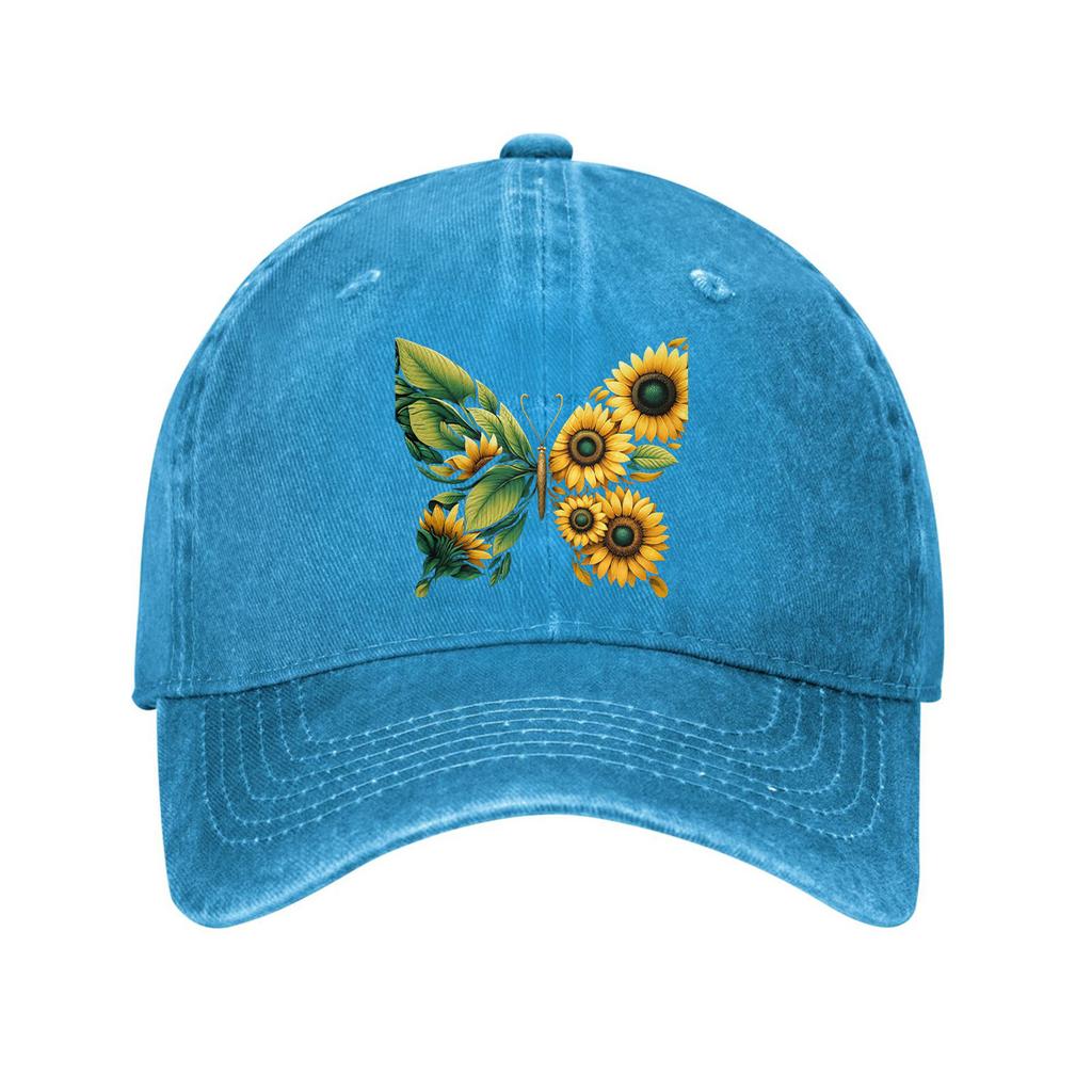 Sunflower Butterfly Print Cotton Baseball Cap Vintage Washed Dad Hat Adjustable Casual Cap