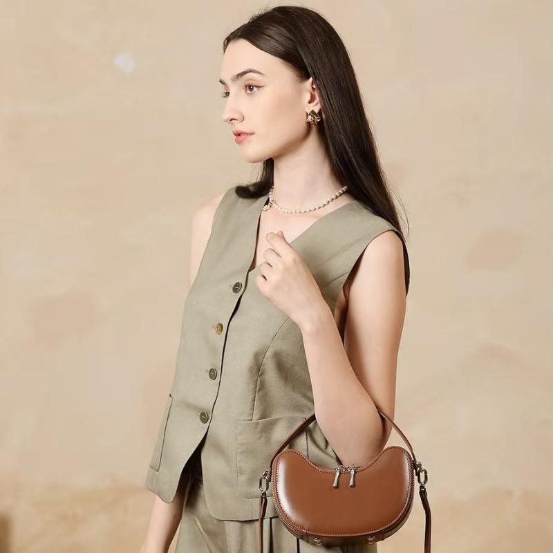 Luxury Designer Genuine Leather Crescent Bag for Women Smooth Top Handle Shoulder Crossbody Bag