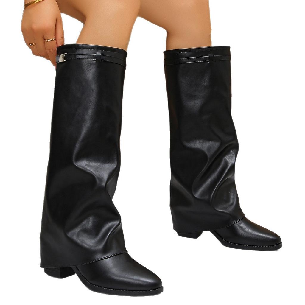 Fashion 2025 New Pleated High-heeled Fashion Boots, Thick-heeled and Plus-size British-style High-top Trouser Boots for Women