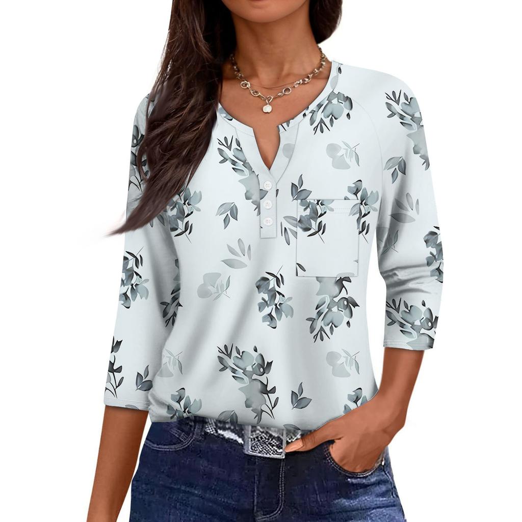 Women's Casual Fashion V-neck Loose Versatile Floral Print Three-quarter Sleeves