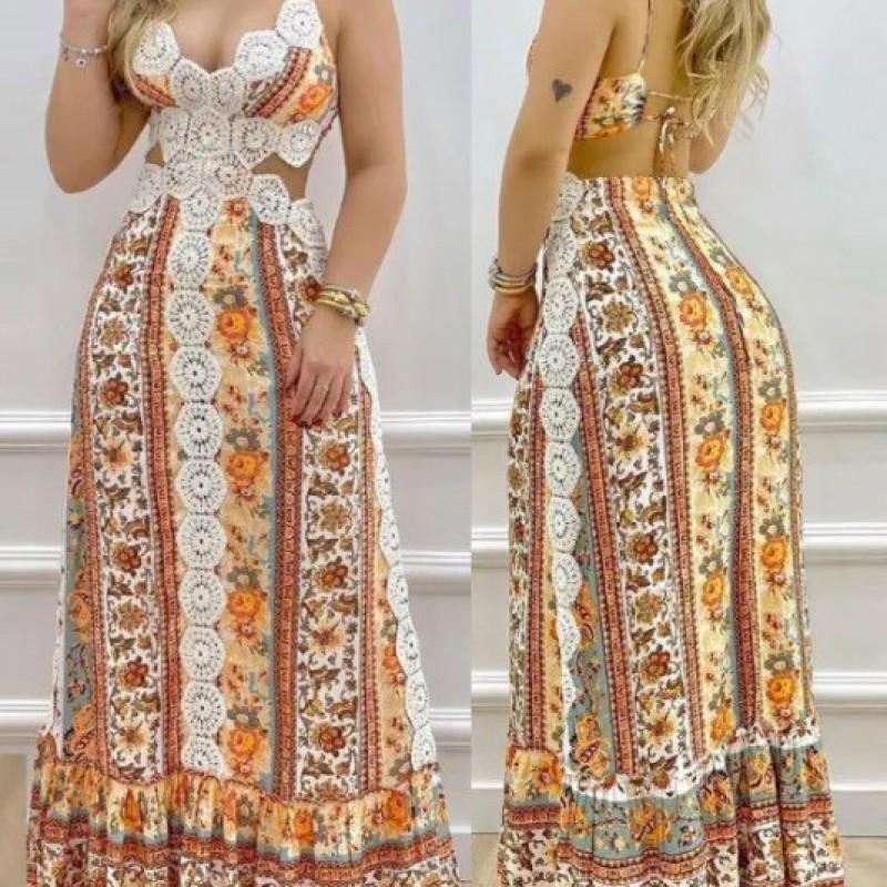 Womens Printed Backless Tie-Up Sleeveless Maxi Dress High Waist V-Neck A-Line Elegant Chic Small