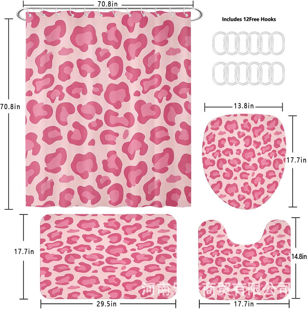 Pink Leopard Shower Curtain Set: Includes Curtain, Non-slip Bath Mat, Toilet Seat Cover, Bathroom Mat, & 12 Hooks.