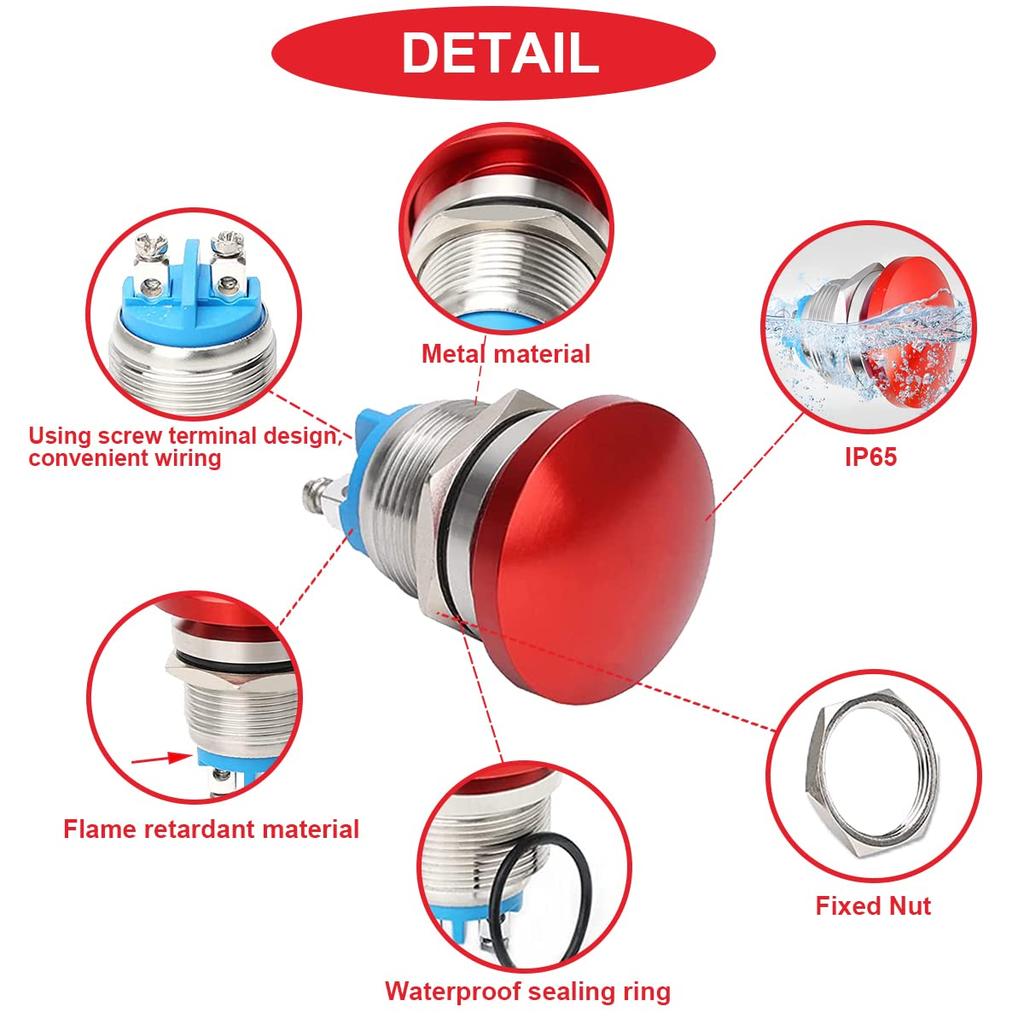 MKBKLLJY 3 Stück 16mm Rot/Grün Metallgehäuse Pilzkopf Drucktaster Schalter Momentaner Drucktaster