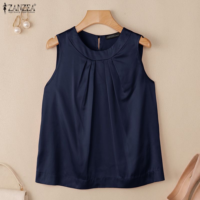 ZANZEA Womens Elegant Satin Tank Top Sleeveless O Neck Casual Pleated Blouse