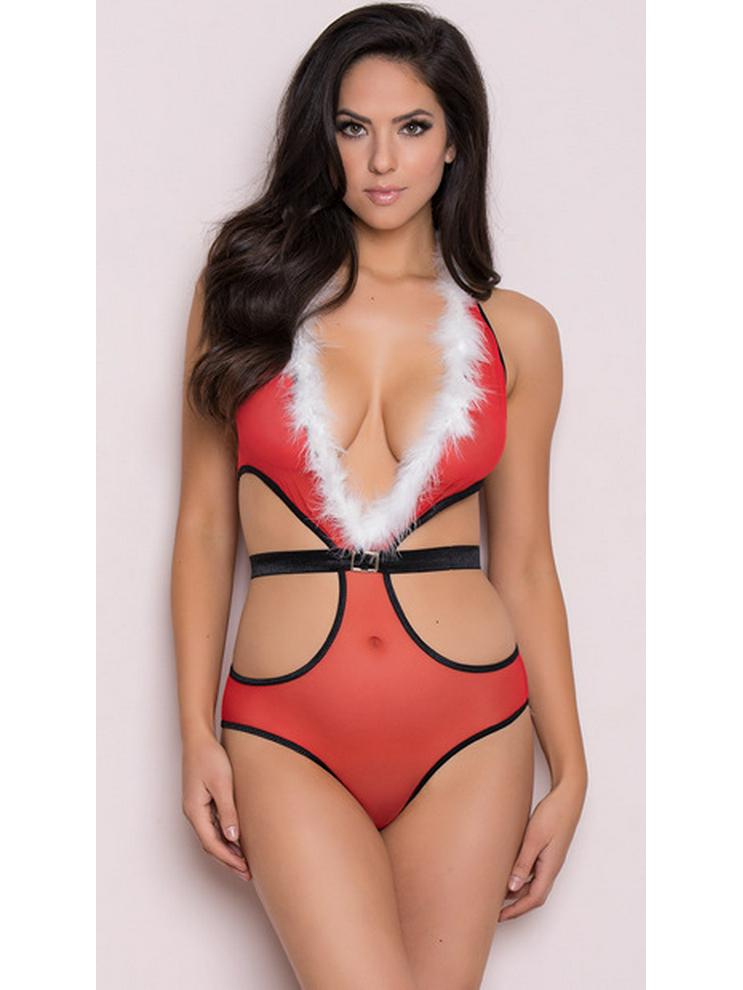 Sexy Red Lace-up Deep V Christmas Lingerie Costume