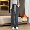2025 New Fleece-Lined Thick Wide-Leg Straight Pants - Plus Size, Slimming, Casual Sportswear for Autumn/Winter