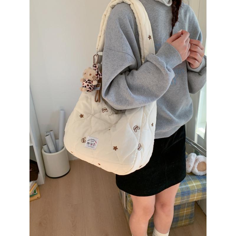 Quilted Embroidered Padded Bag for Women, Simple and Versatile Crossbody Bag, Elegant Down-filled Soft Shoulder Bag, Cute Embroi