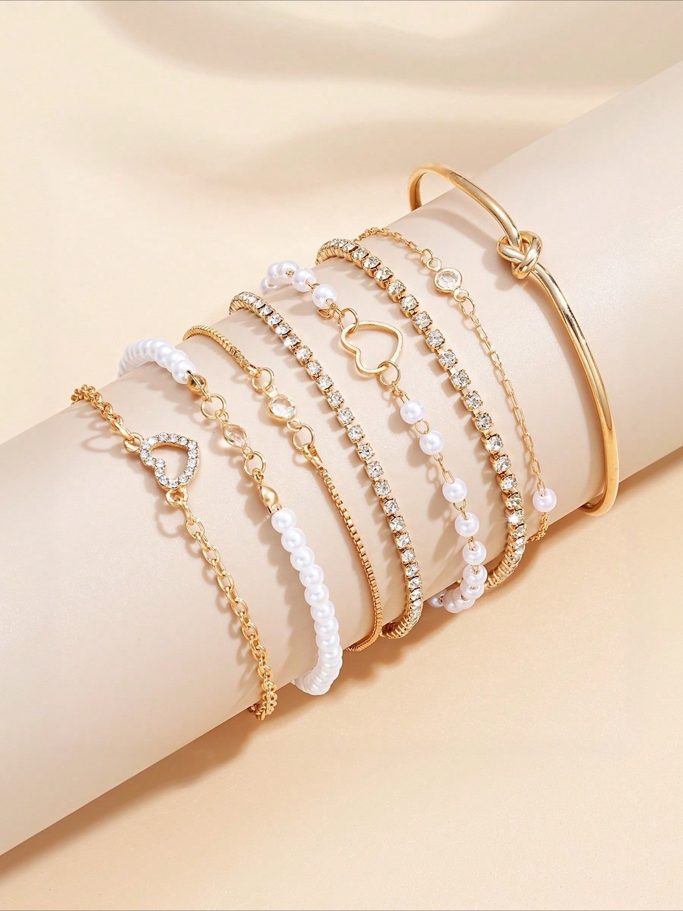 8pcs Elegant Cubic Zirconia Cross Clover Decor Bracelet Set Multi-Layer Stackable Bracelets жёлтый