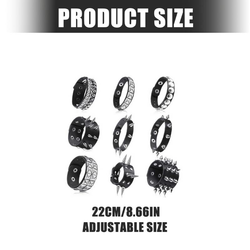 9Pcs Punk Rock Wide Cuff Bracelets Multi Layer Leather With Metal Studs Adjustable Unisex For Daily Wear