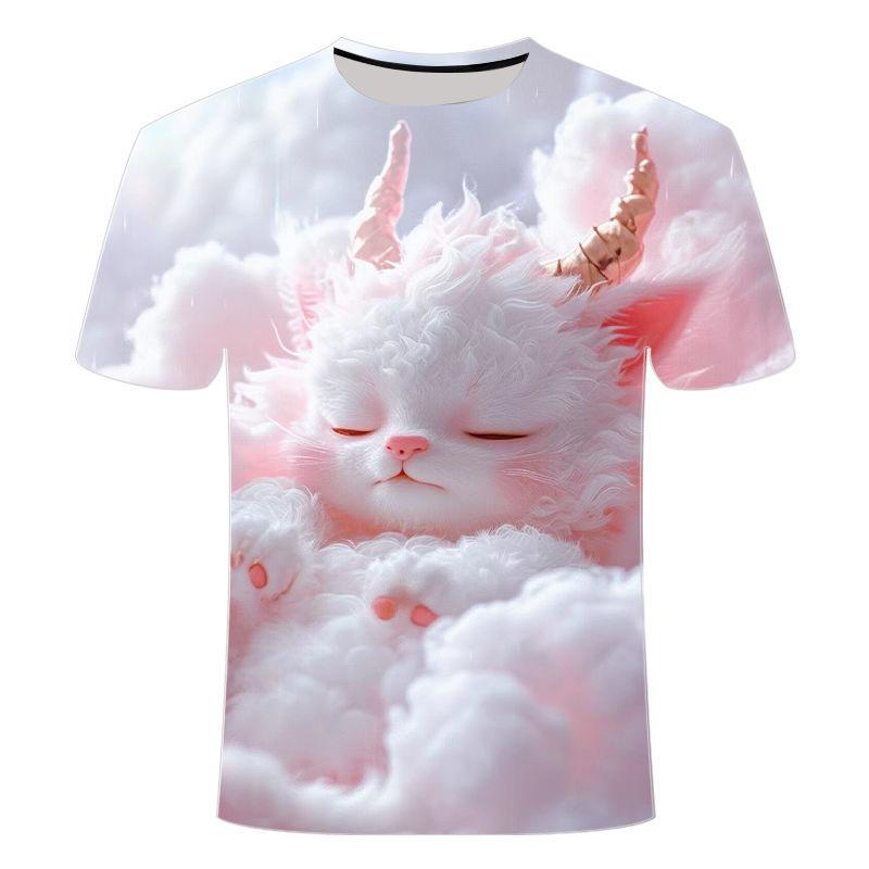2024 Summer 3D Printed Short Sleeve Soft and Cute Sleepy Sheep Series Men's and Women's Trendy Round Neck T-shirt for Children