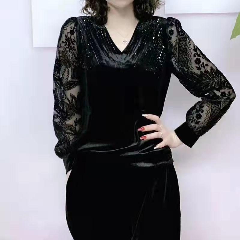 Elegant Black Velvet and Lace Long Sleeve T-Shirt with Sheer Lace Patchwork and Diamond Embellishments