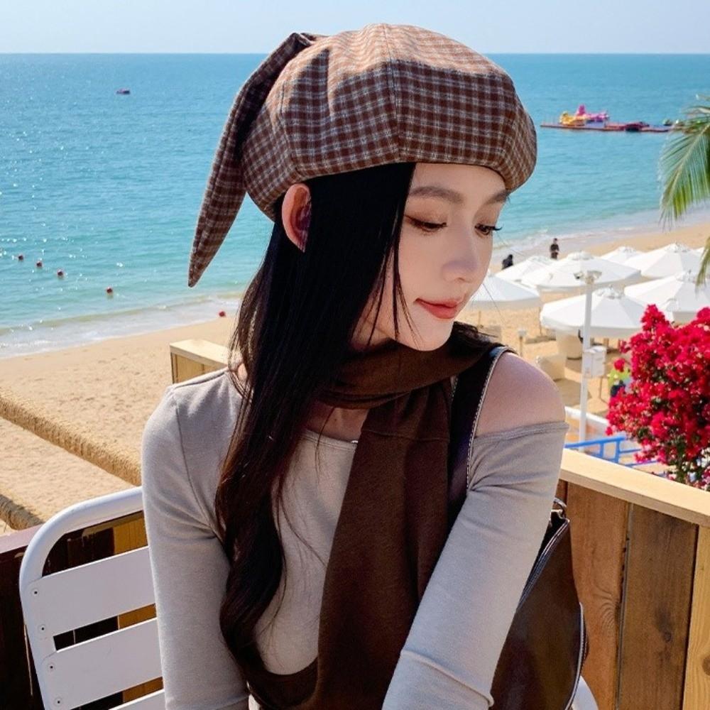 Versatile Plaid Beret Big Head Circumference Spring Painter Cap Retro Women Artist Hat  Ladies