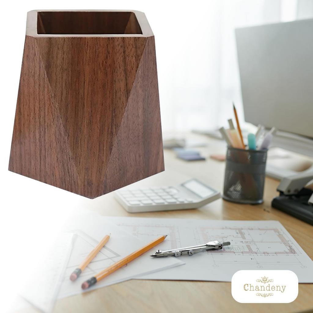 [Chandini] Wooden Pen Stand, Diamond Shape, Wood Grain Design, Desktop Storage, Small Item Storage, Stationery Storage, Simple Design, Black Walnut