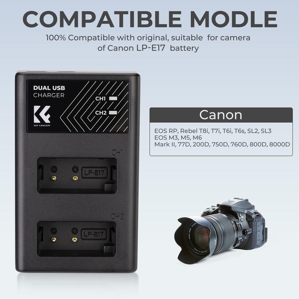 K&F CONCEPT LP-E17 Akkuladegerät Dual-Slot Schnellladegerät für Canon EOS RP Rebel T8i T7i T6i T6s SL2 SL3 EOS M3 M5 200D Kameras
