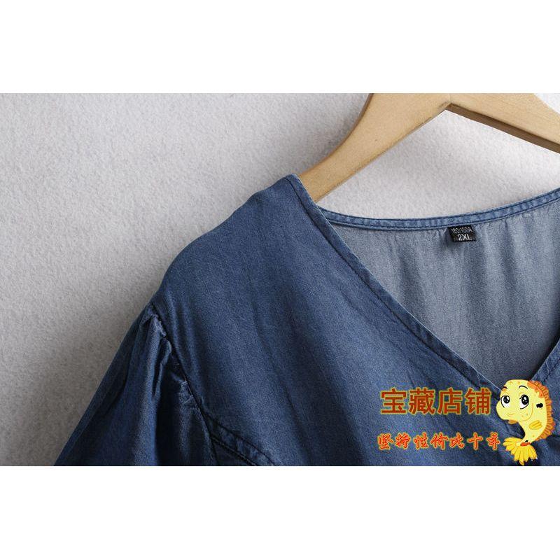 Denim V-neck Imitation Tencel Shoelace Export Print Long Dress