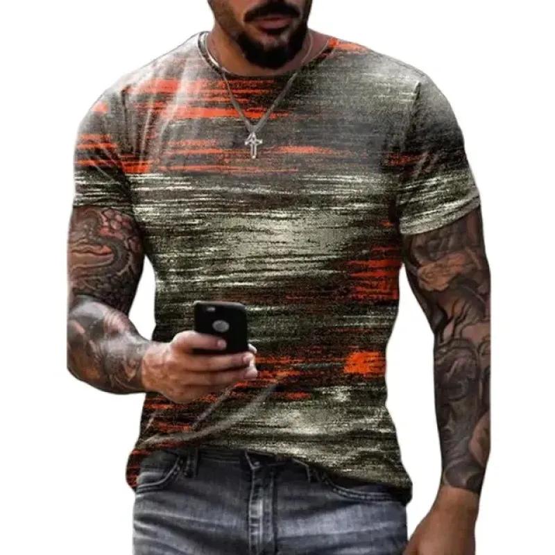 Vintage Men's T-shirt Personality Colorful Striped Print Fashion O Collar Short Sleeve T-shirt Breathable Street Wear T-shirt